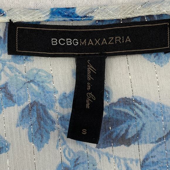 BCBGMAXAZRIA Top S Silk Sheer Floral Metallic Striped Long Sleeve Blue Orange - Picture 4 of 11